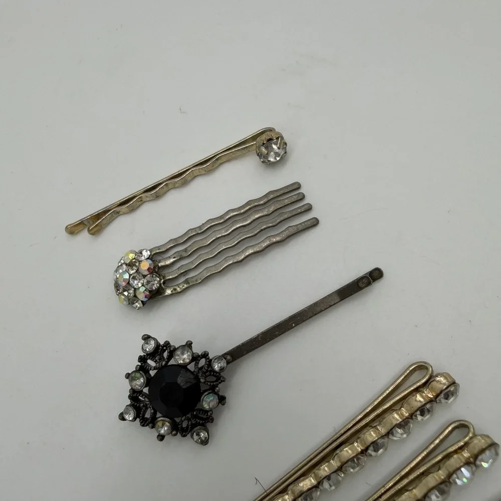 Vintage Rhinestone Hair Clip Lot Bobby Pins Comb Silver Gold Tone 9pc
